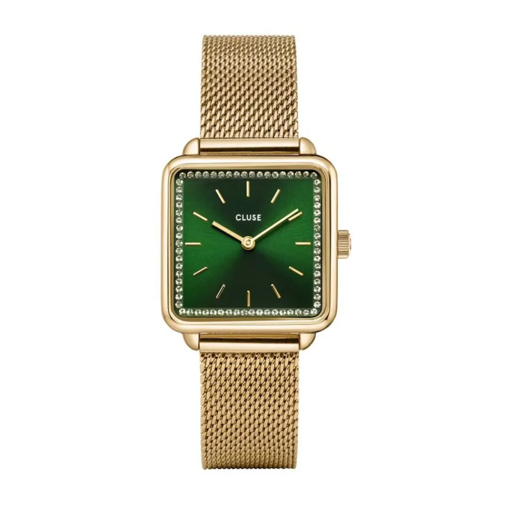 CLUSE Montre Tetragone Vert cadran doré fond vert bracelet acier doré Online