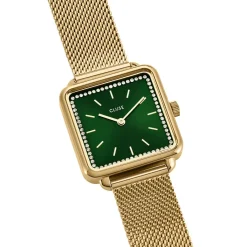 CLUSE Montre Tetragone Vert cadran doré fond vert bracelet acier doré Online