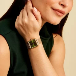 CLUSE Montre Tetragone Vert cadran doré fond vert bracelet acier doré Online