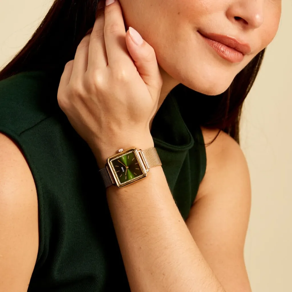 CLUSE Montre Tetragone Vert cadran doré fond vert bracelet acier doré Online