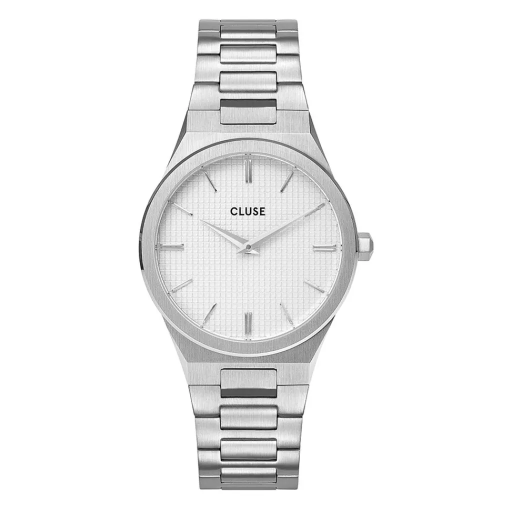 CLUSE Montre Vigoureux Blanc cadran argenté fond blanc bracelet acier argenté Clearance