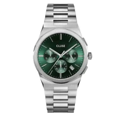 CLUSE Montre Vigoureux Chrono Vert cadran argenté fond vert bracelet acier argenté Outlet