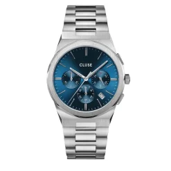 CLUSE Montre Vigoureux Chrono Bleu cadran argenté fond bleu bracelet acier argenté Best