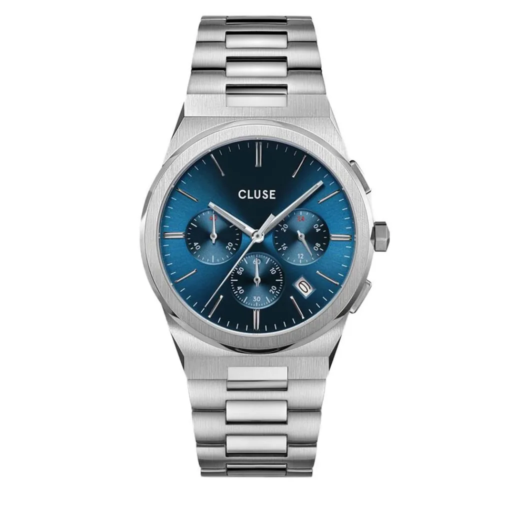 CLUSE Montre Vigoureux Chrono Bleu cadran argenté fond bleu bracelet acier argenté Best