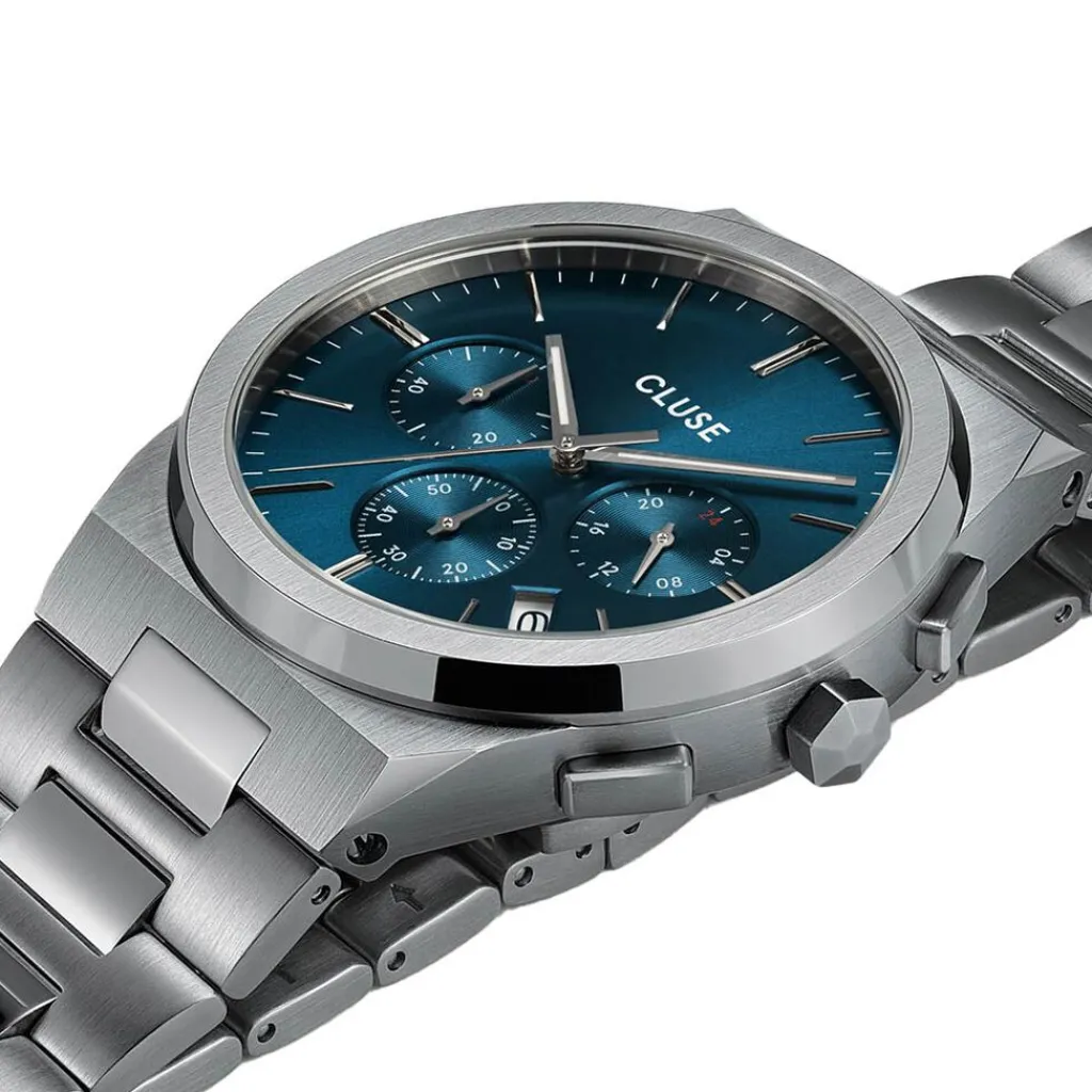 CLUSE Montre Vigoureux Chrono Bleu cadran argenté fond bleu bracelet acier argenté Best