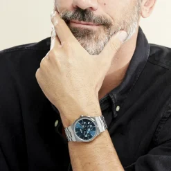 CLUSE Montre Vigoureux Chrono Bleu cadran argenté fond bleu bracelet acier argenté Best