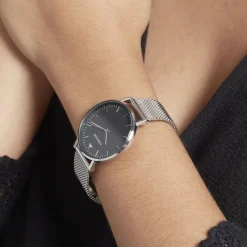 CODHOR Montre Cindy Noir cadran argenté fond noir bracelet acier argenté New