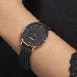 CODHOR Montre Cindy Noir cadran doré rose fond noir bracelet acier noir New