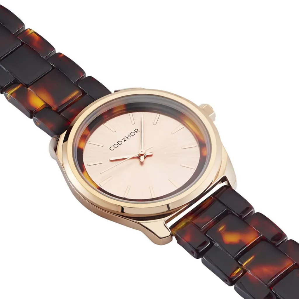 CODHOR Montre Clea Rose cadran doré rose fond rose bracelet acetate marron