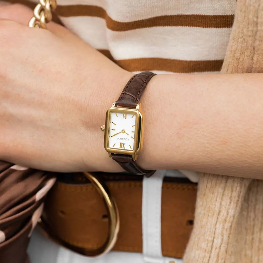 CODHOR Montre Eleonia Blanc cadran doré fond blanc bracelet synthétique marron Hot