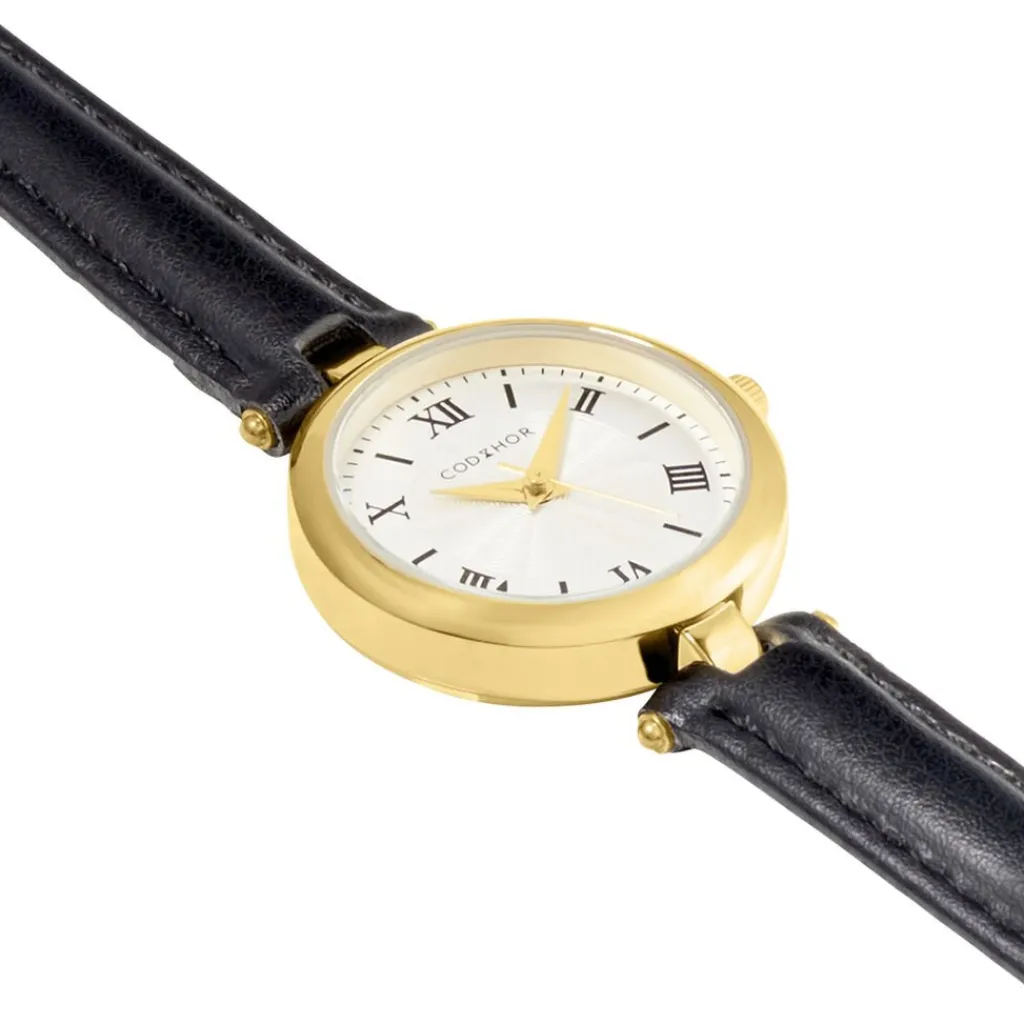 CODHOR Montre Leonie Argenté cadran doré fond argenté bracelet synthétique noir Clearance