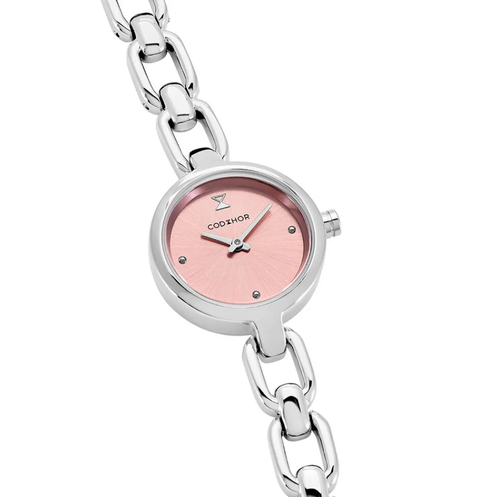 CODHOR Montre Lina Rose cadran argenté fond rose bracelet alliage argenté Best