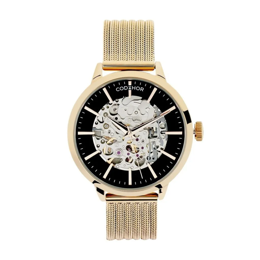 CODHOR Montre Louise Noir cadran doré rose fond noir bracelet acier doré Discount