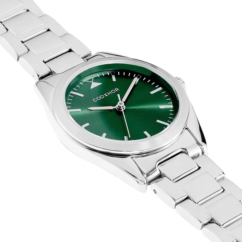 CODHOR Montre Sacha Vert cadran blanc fond vert bracelet acier argenté Outlet