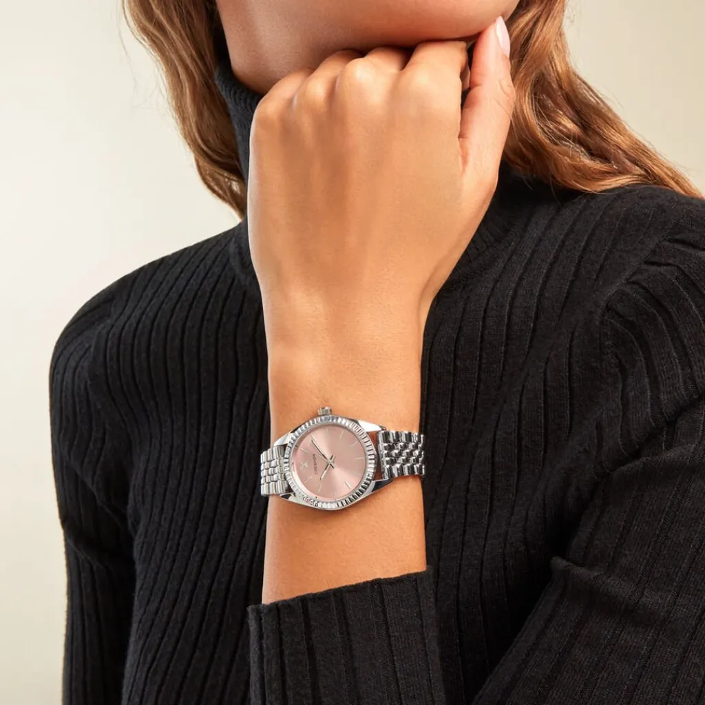 CODHOR Montre Sandy Rose cadran argenté fond rose bracelet alliage argenté Outlet