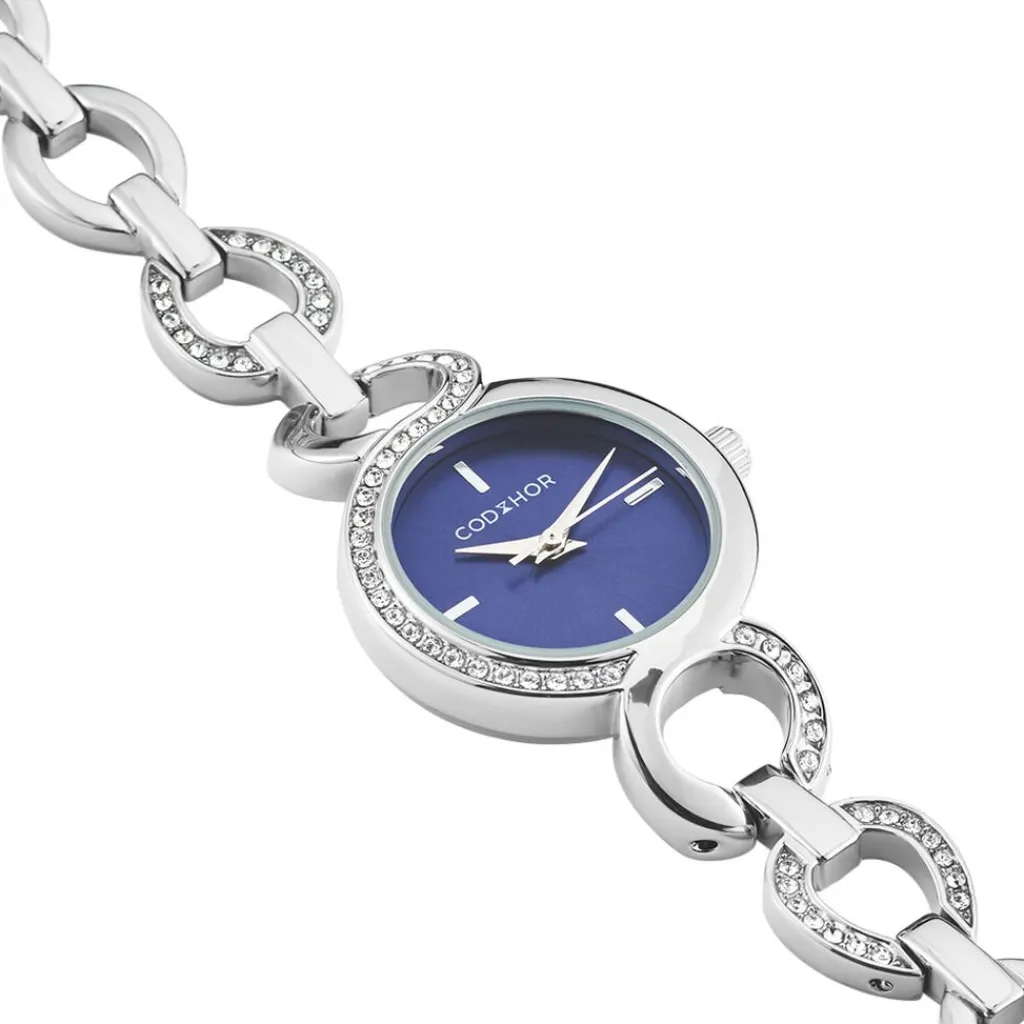 CODHOR Montre Sarah Bleu cadran argenté fond bleu bracelet alliage argenté Best