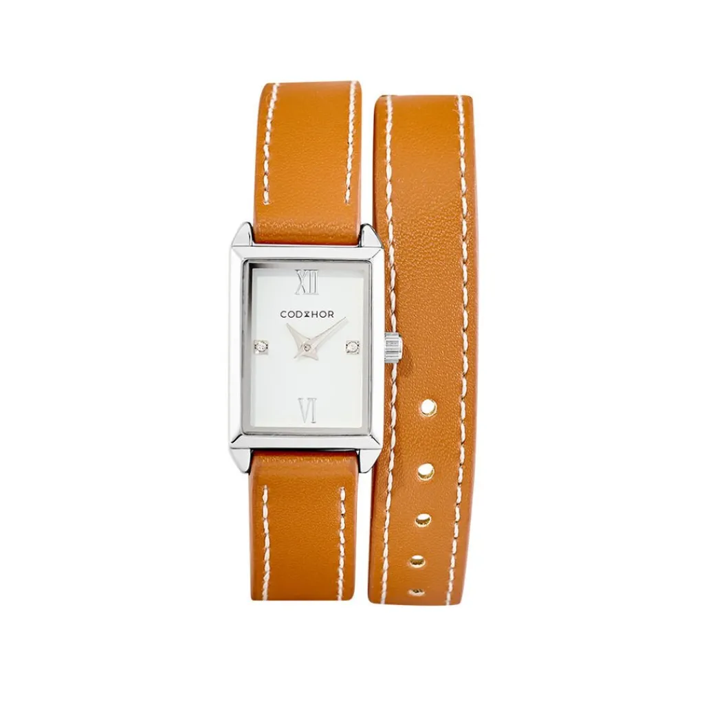 CODHOR Montre Suzy Blanc cadran argenté fond blanc bracelet synthétique marron Outlet