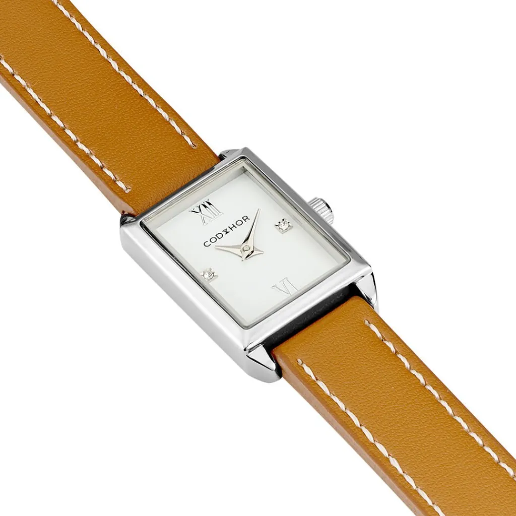 CODHOR Montre Suzy Blanc cadran argenté fond blanc bracelet synthétique marron Outlet
