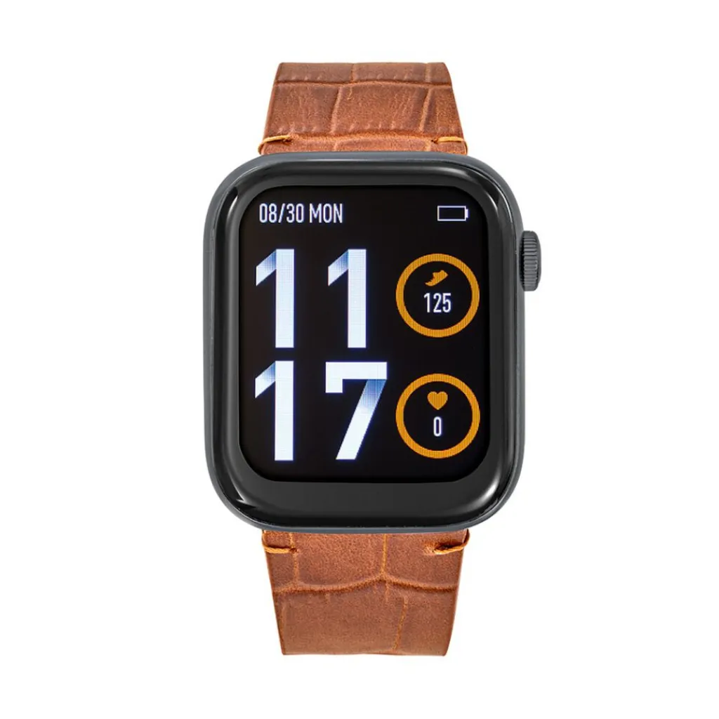 TEKDAY Montre Connectée cadran noir bracelet cuir de vache marron