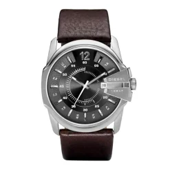 DIESEL Montre Master Chief Gris cadran argenté fond gris bracelet cuir marron Best