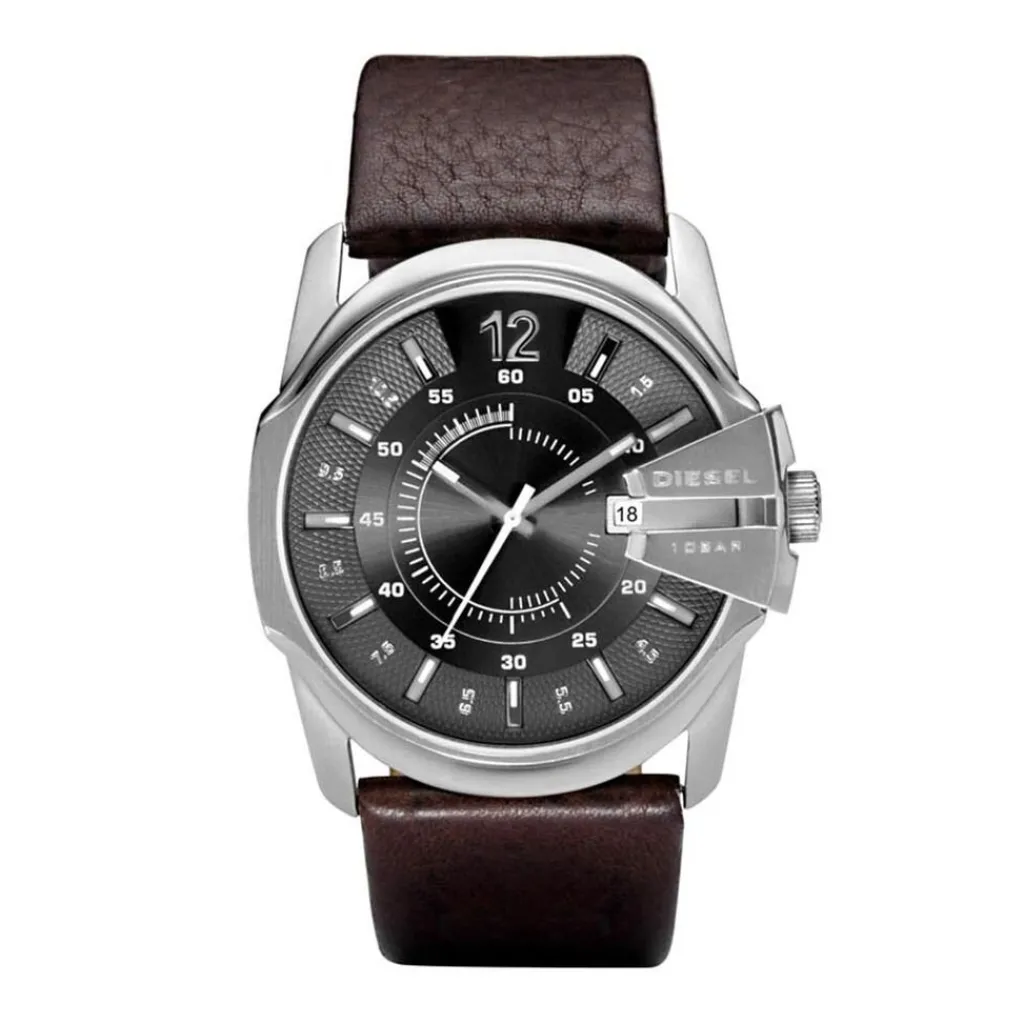 DIESEL Montre Master Chief Gris cadran argenté fond gris bracelet cuir marron Best