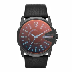 DIESEL Montre Master Chief 2 Tons cadran noir fond bleu bracelet cuir noir