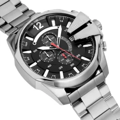 DIESEL Montre Mega Chief Noir cadran argenté fond noir bracelet acier argenté Clearance