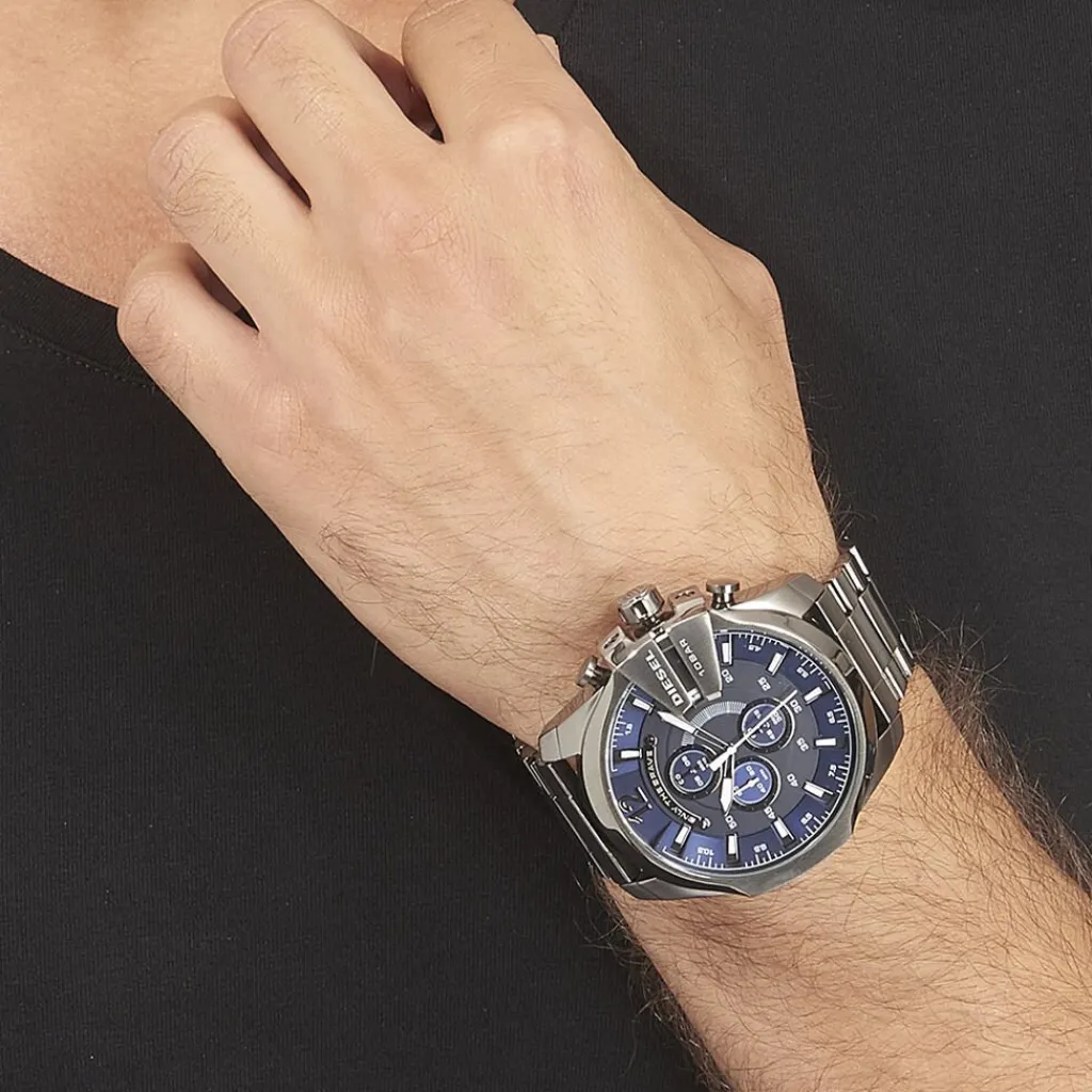 DIESEL Montre Mega Chief Bleu cadran gris fond bleu bracelet acier gris Online