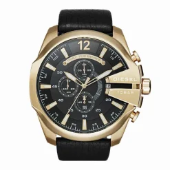 DIESEL Montre Mega Chief Noir cadran doré fond noir bracelet cuir noir Discount