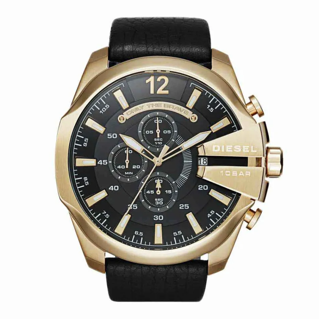 DIESEL Montre Mega Chief Noir cadran doré fond noir bracelet cuir noir Discount