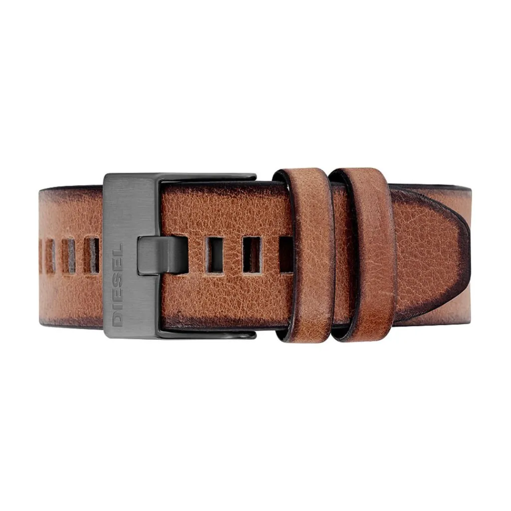 DIESEL Montre Mega Chief Noir cadran noir fond noir bracelet cuir marron Outlet