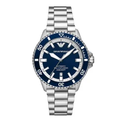 EMPORIO ARMANI Montre Bleu cadran argenté fond bleu bracelet acier argenté New