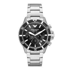 EMPORIO ARMANI Montre Noir cadran argenté fond noir bracelet acier argenté Online