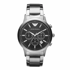 EMPORIO ARMANI Montre Noir cadran argenté fond noir bracelet acier argenté Discount