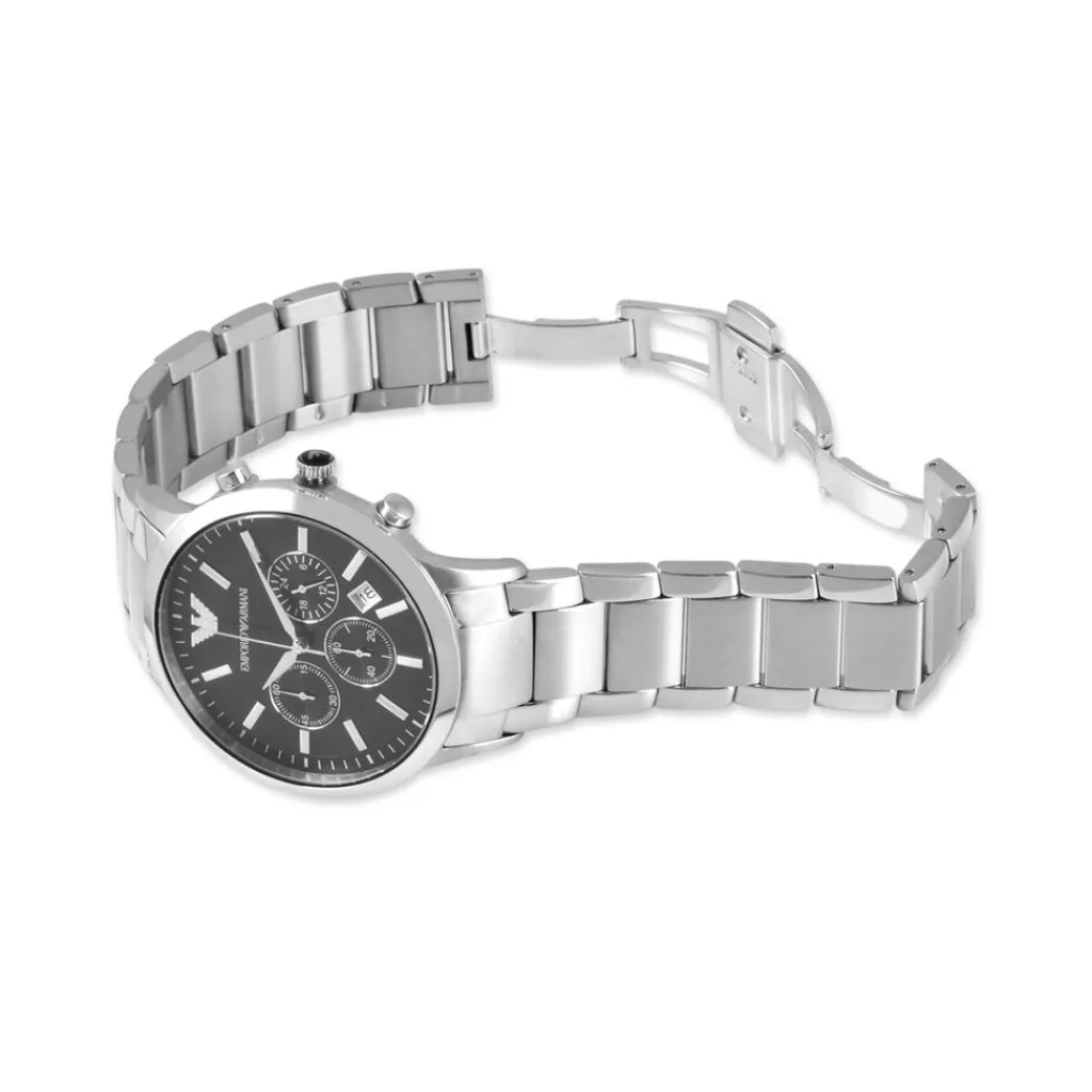 EMPORIO ARMANI Montre Noir cadran argenté fond noir bracelet acier argenté Discount