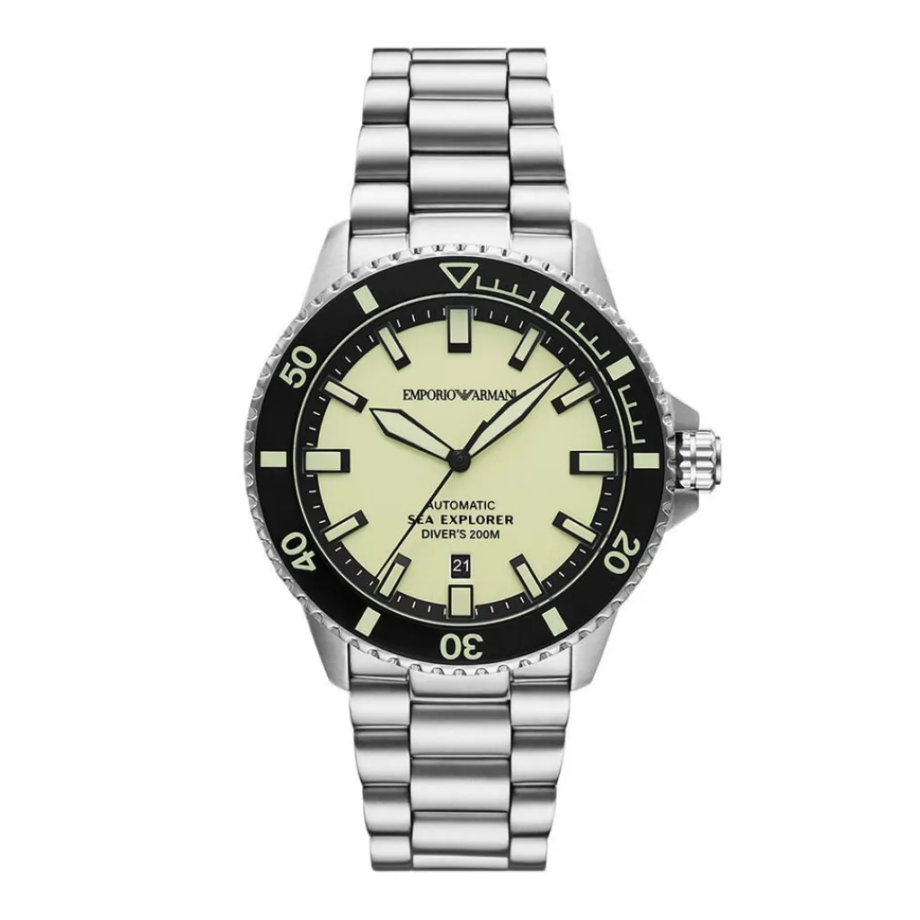 EMPORIO ARMANI Montre Sea Explorer Jaune cadran argenté fond jaune bracelet acier argenté Best