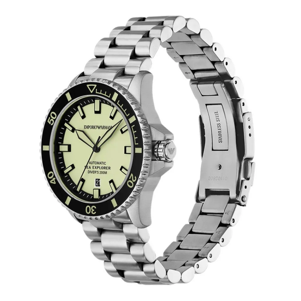 EMPORIO ARMANI Montre Sea Explorer Jaune cadran argenté fond jaune bracelet acier argenté Best