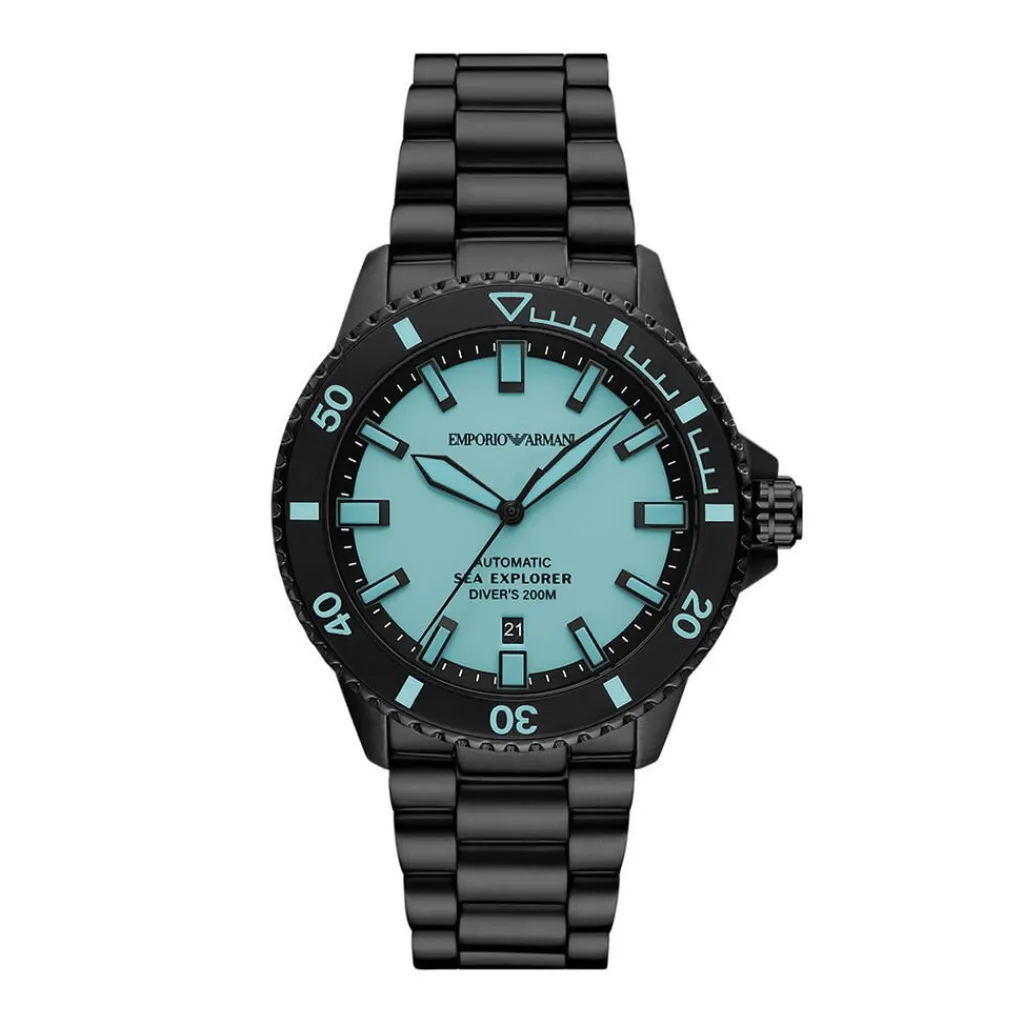 EMPORIO ARMANI Montre Sea Explorer Bleu cadran noir fond bleu bracelet acier noir Best