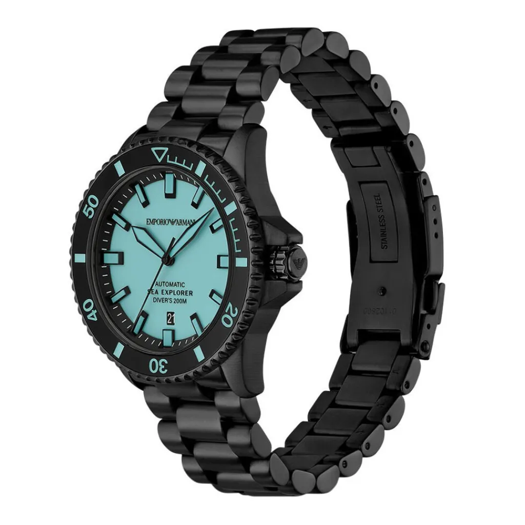 EMPORIO ARMANI Montre Sea Explorer Bleu cadran noir fond bleu bracelet acier noir Best