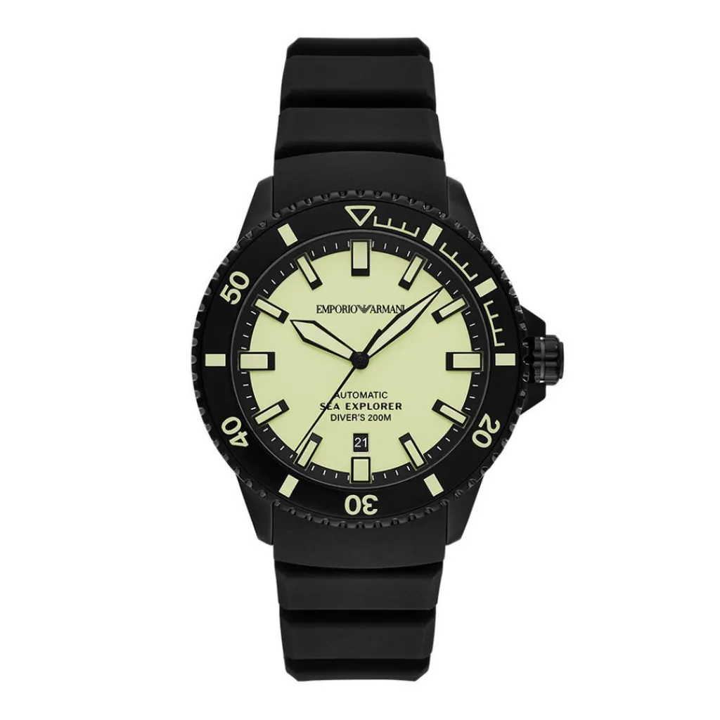 EMPORIO ARMANI Montre Sea Explorer Jaune cadran noir fond jaune bracelet silicone noir Outlet