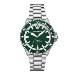 EMPORIO ARMANI Montre Vert cadran argenté fond vert bracelet acier argenté New