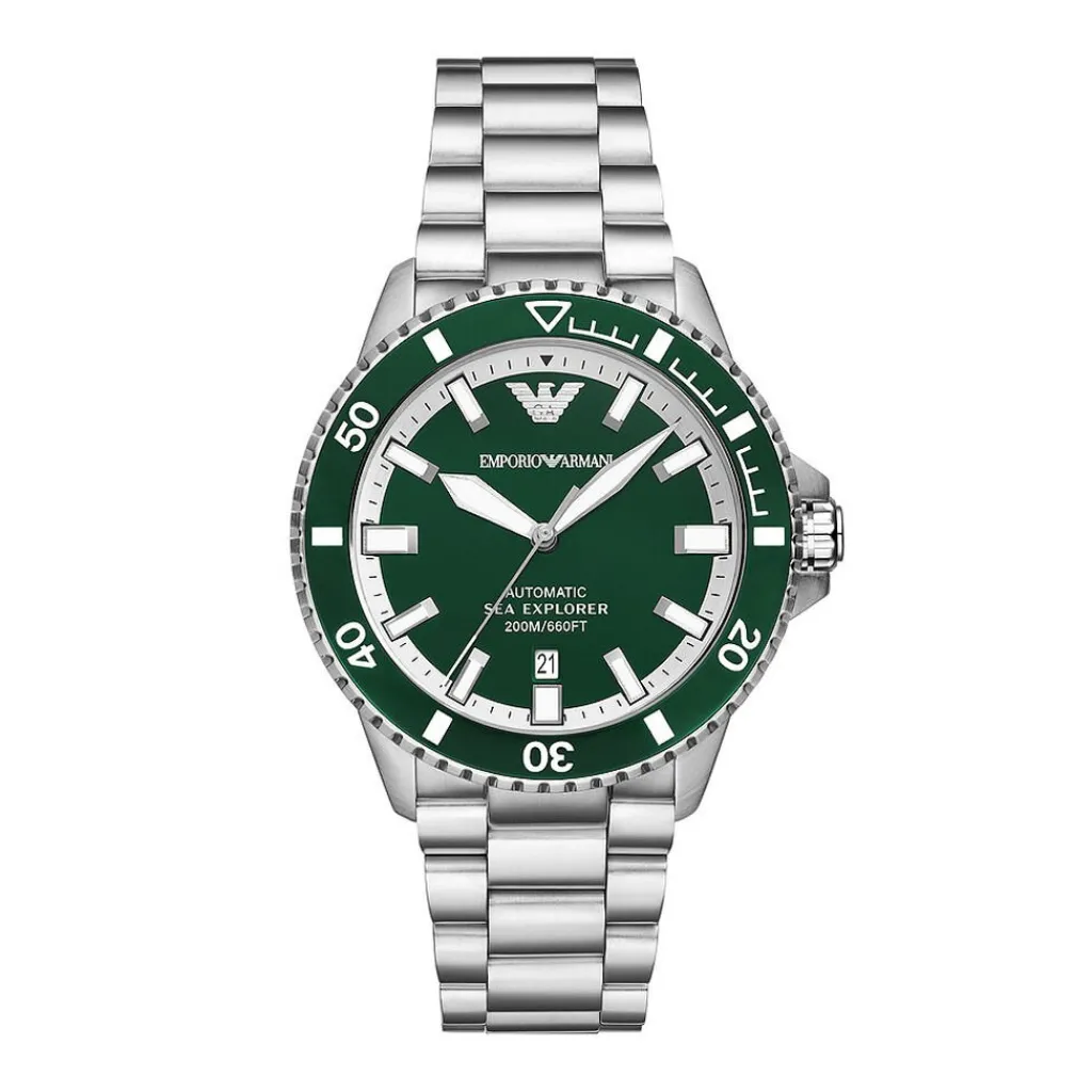 EMPORIO ARMANI Montre Vert cadran argenté fond vert bracelet acier argenté New