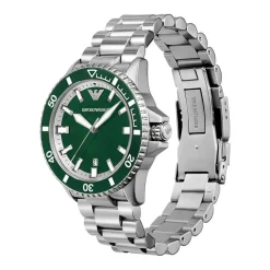 EMPORIO ARMANI Montre Vert cadran argenté fond vert bracelet acier argenté New