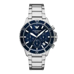EMPORIO ARMANI Montre World Explorer Bleu cadran argenté fond bleu bracelet acier argenté Hot