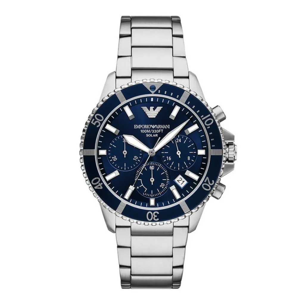 EMPORIO ARMANI Montre World Explorer Bleu cadran argenté fond bleu bracelet acier argenté Hot