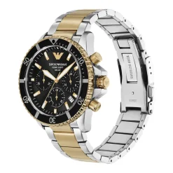 EMPORIO ARMANI Montre World Explorer Noir cadran bicolore doré / blanc fond noir bracelet acier bicolore Sale