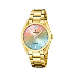 FESTINA Montre Boyfriend Multicolore cadran doré fond multicolore bracelet acier doré Discount