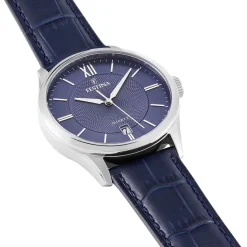 FESTINA Montre Classics Bleu cadran argenté fond bleu bracelet cuir bleu Clearance