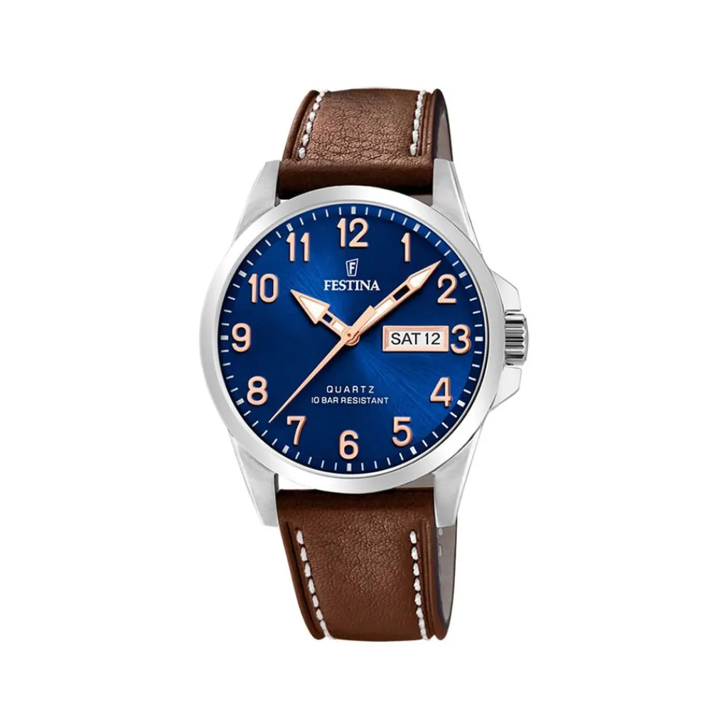 FESTINA Montre Classics Bleu cadran argenté fond bleu bracelet cuir de vache marron Best