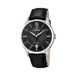 FESTINA Montre Classics Noir cadran argenté fond noir bracelet cuir de vache noir Outlet